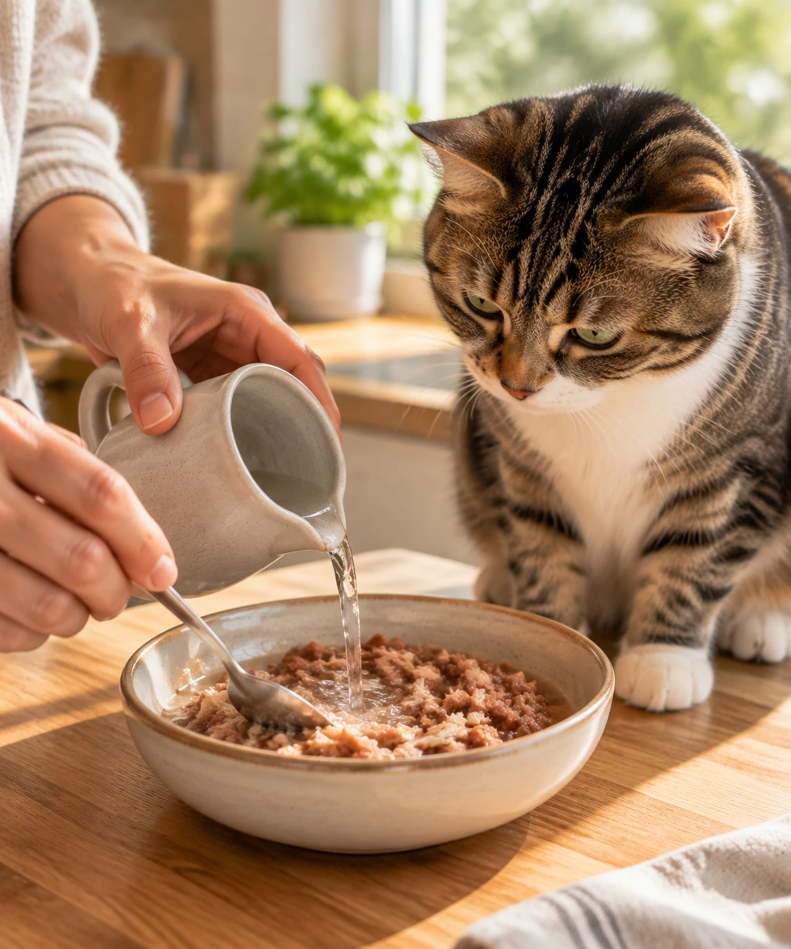 Warm water being stirred into wet cat food while a cat waits nearby.
