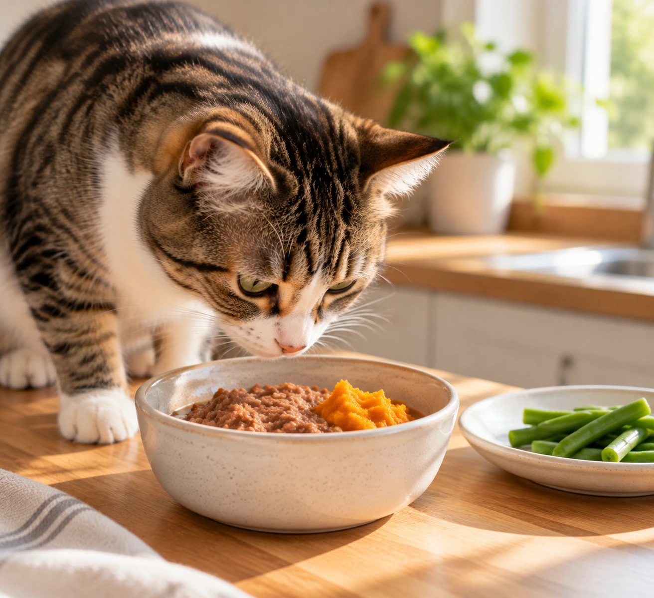 Cat investigating a bowl of wet food beside a small amount of plain pumpkin and cooked green beans.