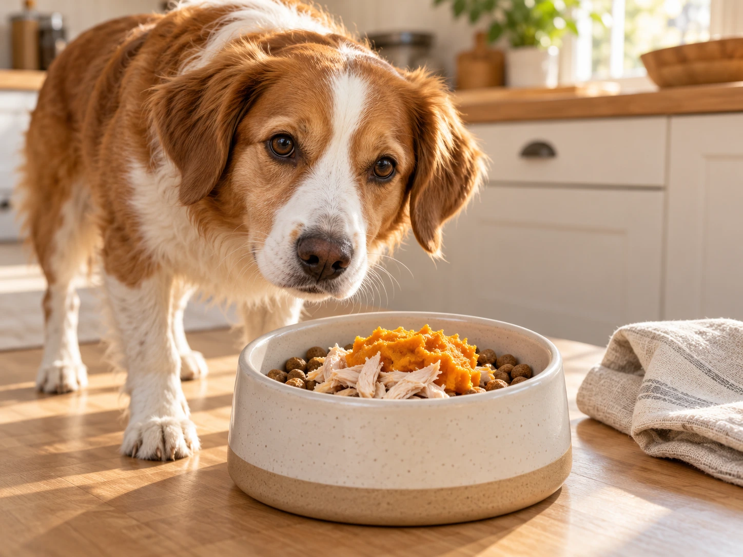 A dog sniffing a bowl of dry kibble topped with plain cooked chicken and a spoonful of mashed pumpkin in a bright home kitchen.