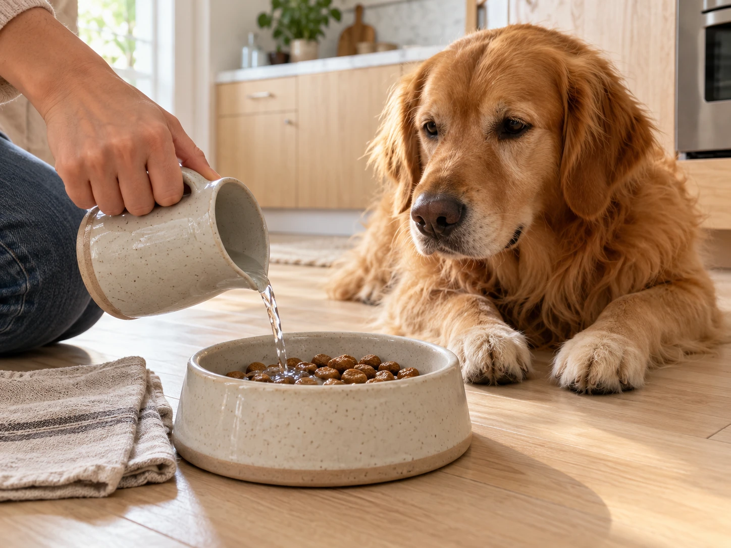 Warm water being added to dry dog kibble while a dog waits beside its bowl.