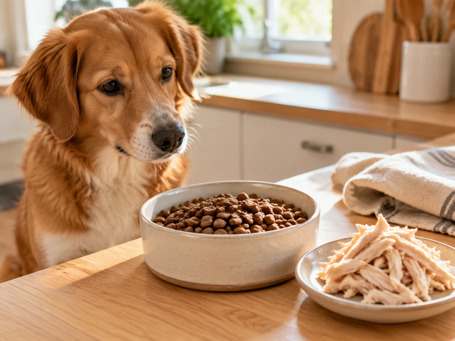 Plain shredded cooked chicken beside a bowl of dry dog kibble.