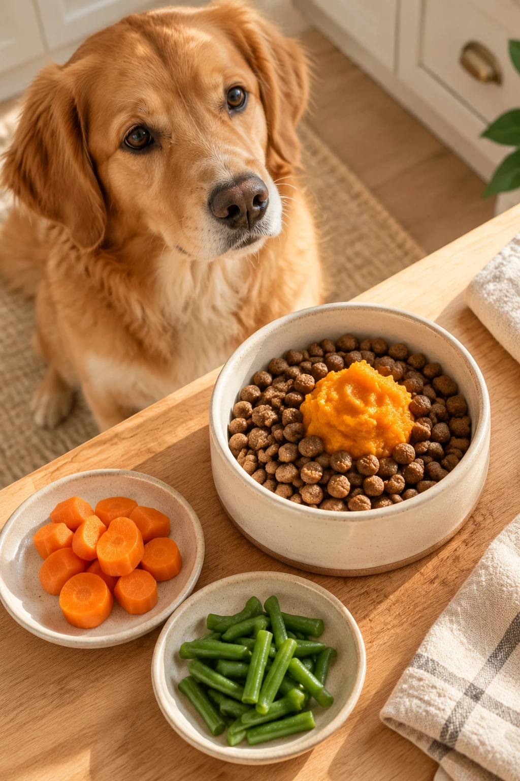 Dry dog kibble served with plain mashed pumpkin and a few cooked vegetables.