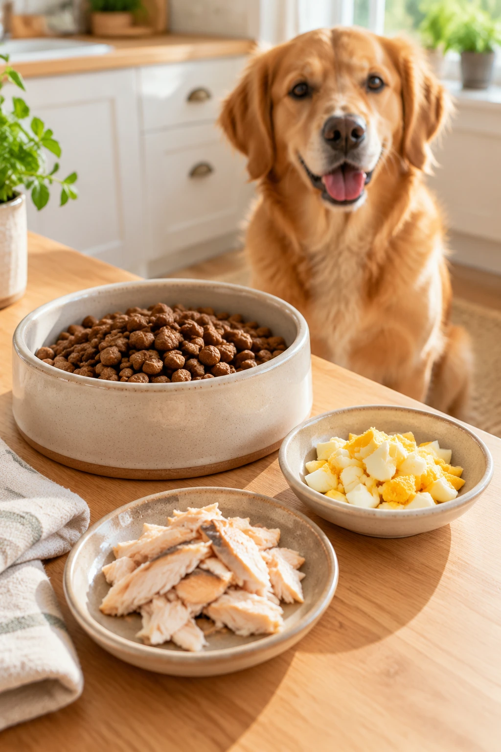 Plain cooked egg and boneless cooked fish prepared as possible dog food toppers.