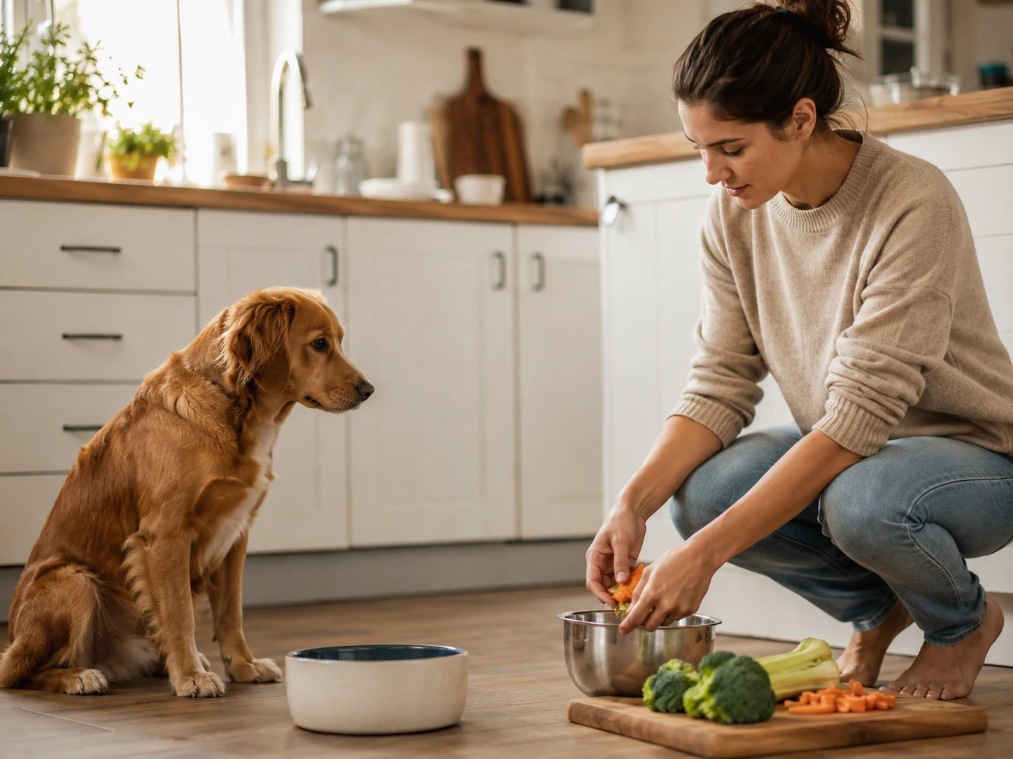 Young dog sitting beside a bowl of dry food in a bright home kitchen