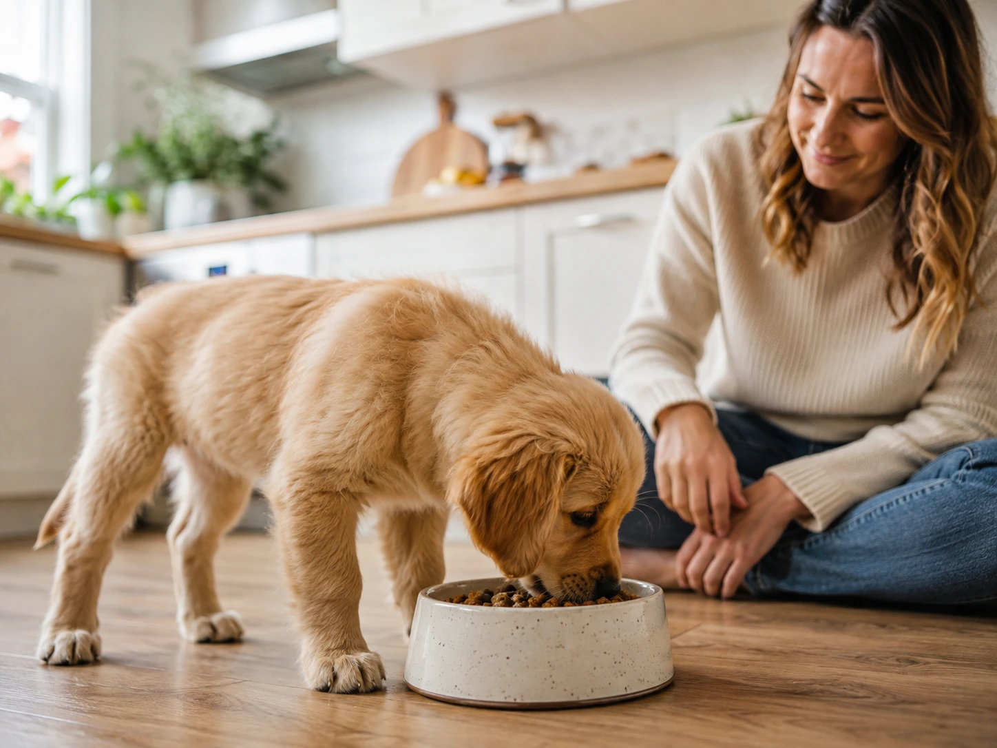 Growing puppy eating from a bowl at home