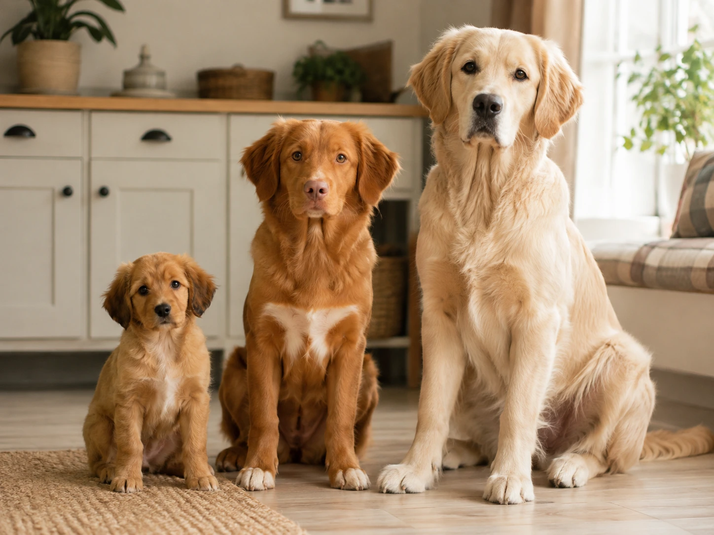 Young dogs of different sizes sitting together