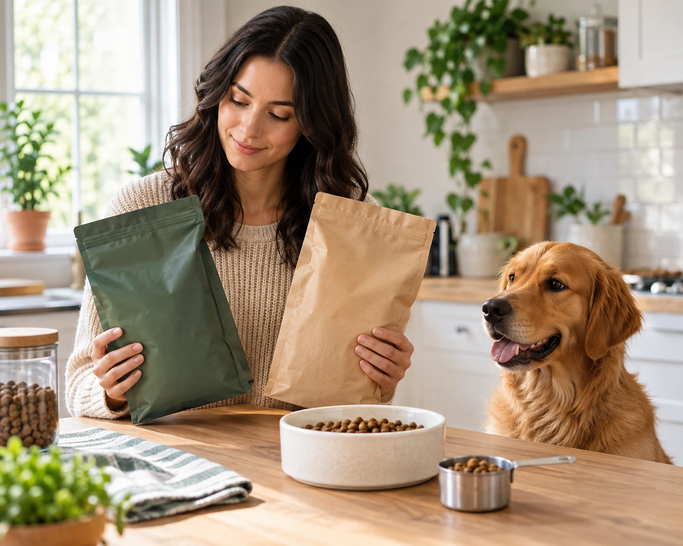 Owner preparing to change a young dog from puppy food to adult food