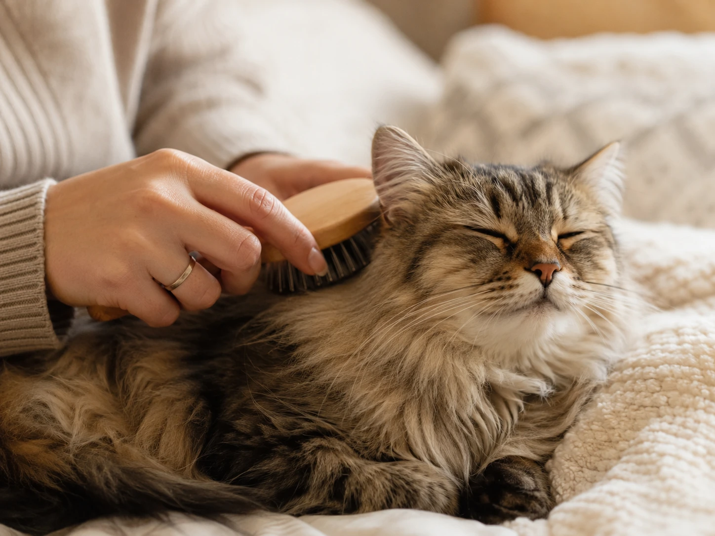 A fluffy, long-haired cat being gently brushed by a human hand, looking content and relaxed.