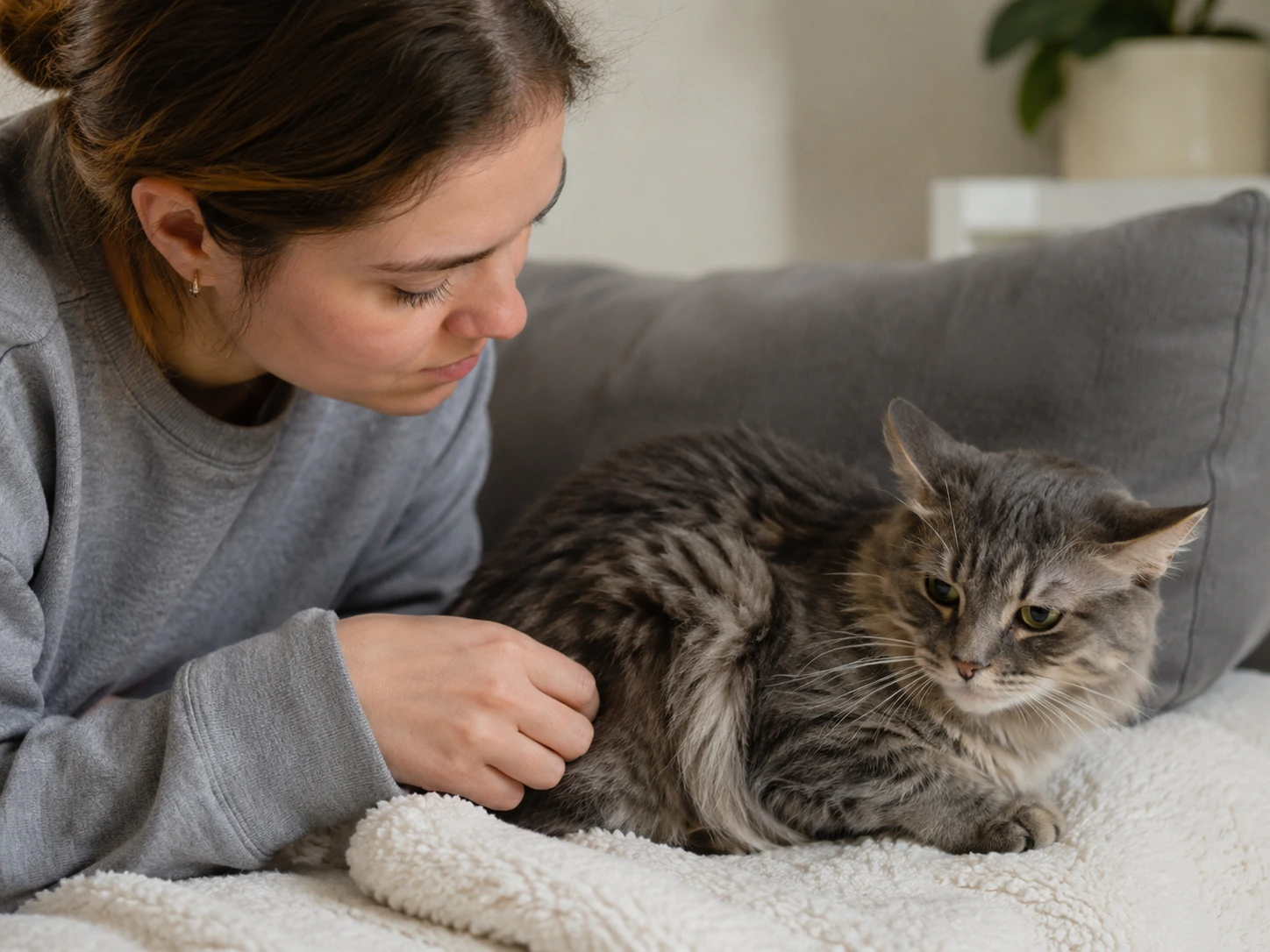 A concerned owner gently stroking their cat, who looks a little unwell, illustrating a moment of worry.