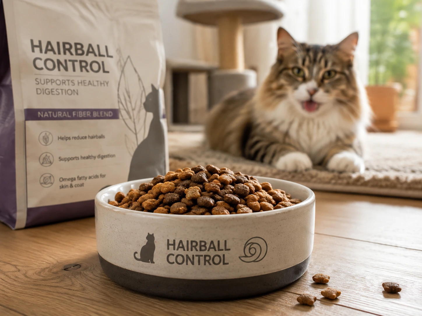 A bowl of dry cat food labeled for hairball control, with a soft blur of a cat in the background.