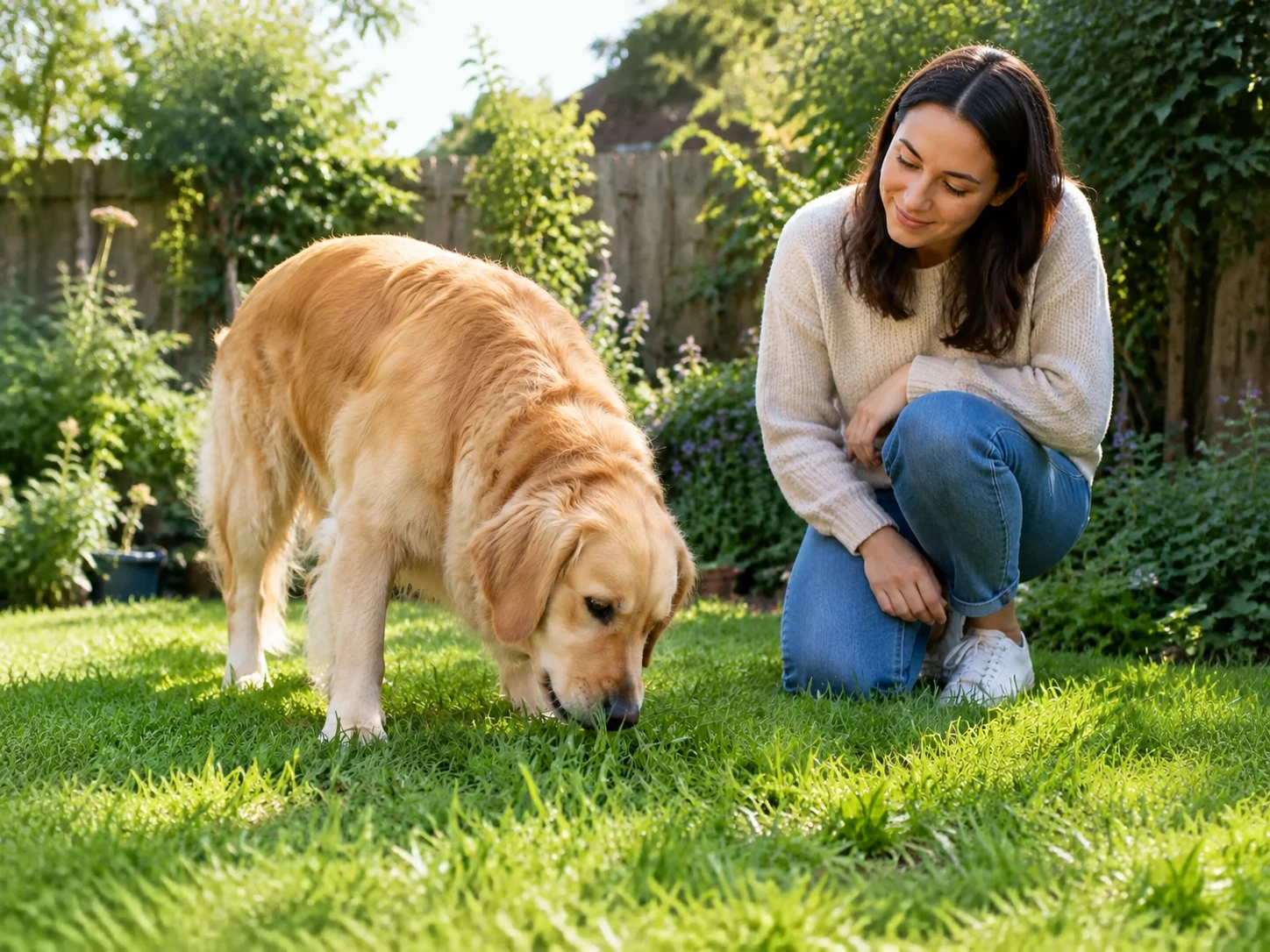 Dog calmly eating grass in a sunny garden while its owner watches nearby