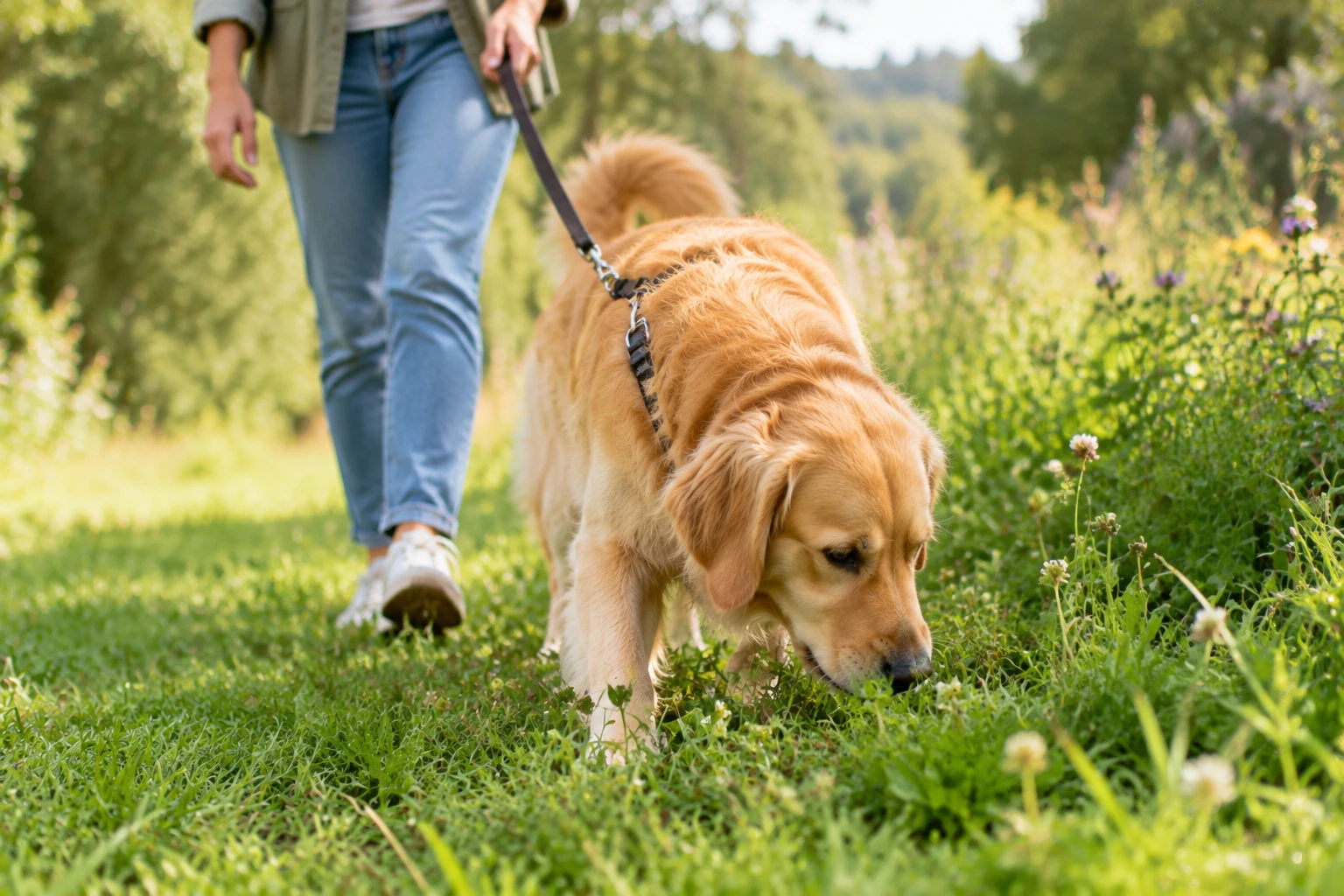 Dog exploring grass during an outdoor walk