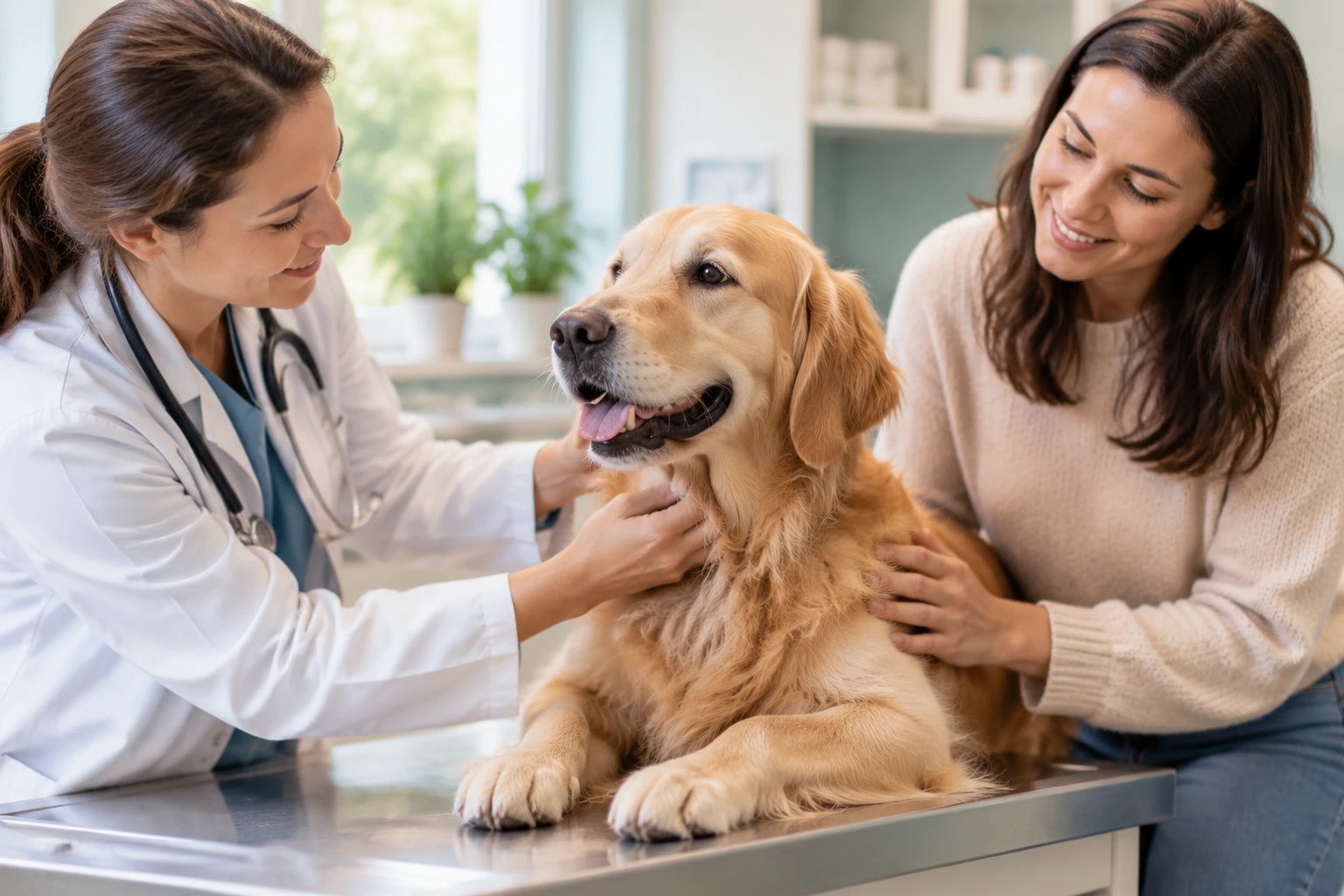 Veterinarian examining a dog with the owner nearby