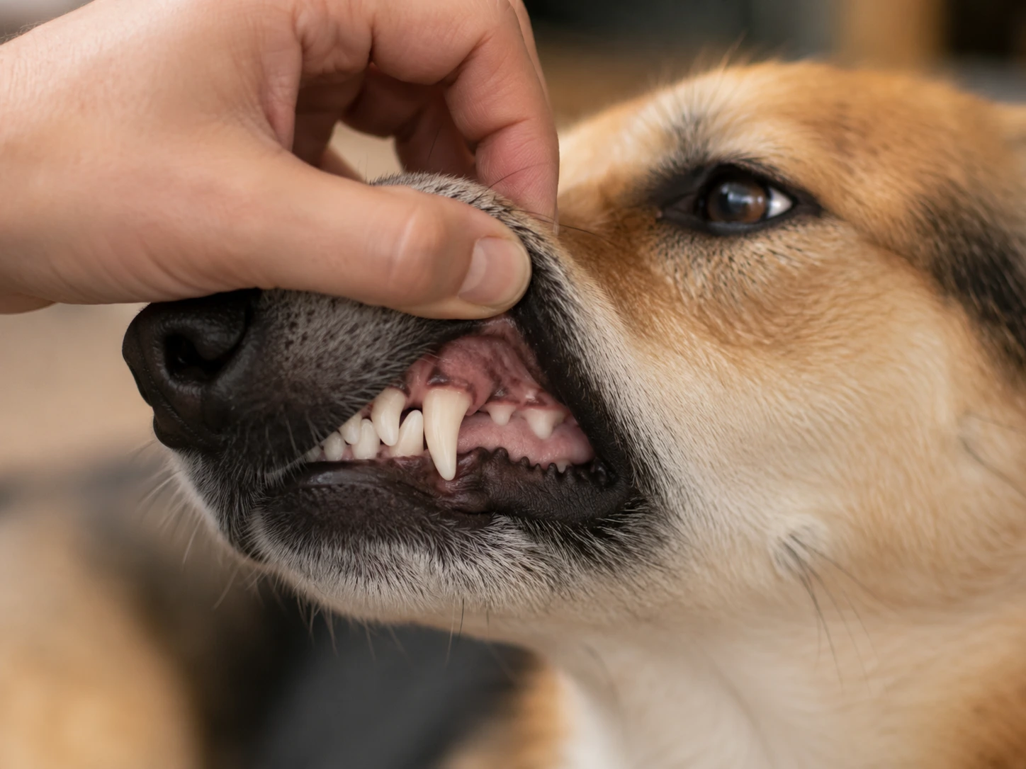 A concerned owner gently lifting their dog's lip to inspect its teeth, with a warm, soft focus.