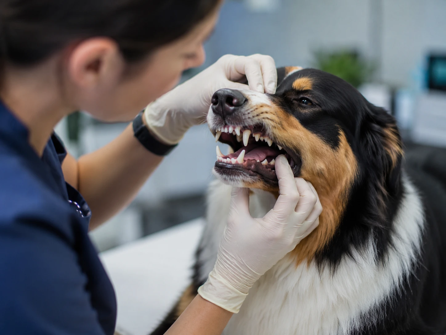 A veterinarian gently examining a dog's teeth during a check-up.