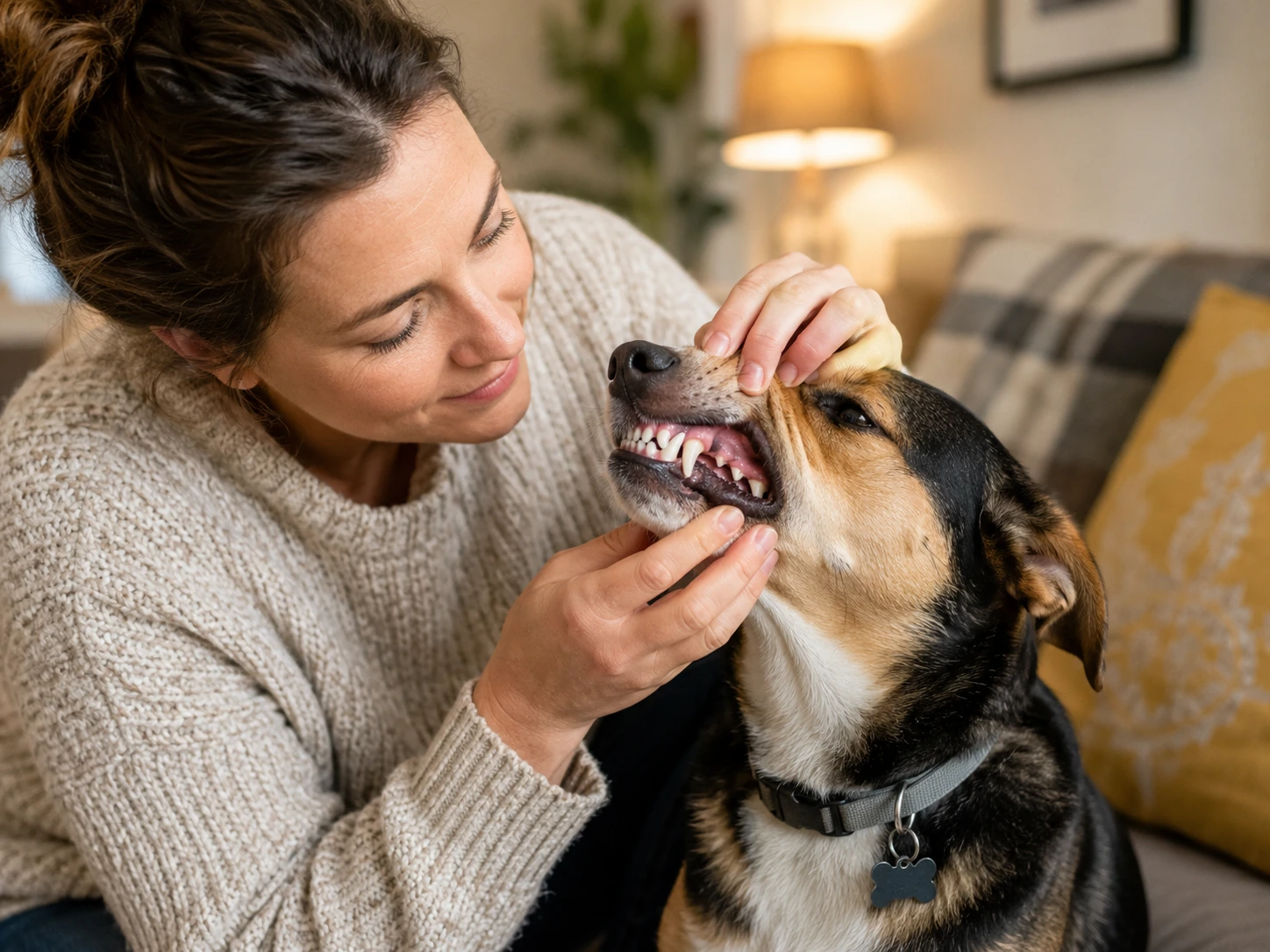 A gentle owner checking their dog's mouth at home for signs of discomfort.