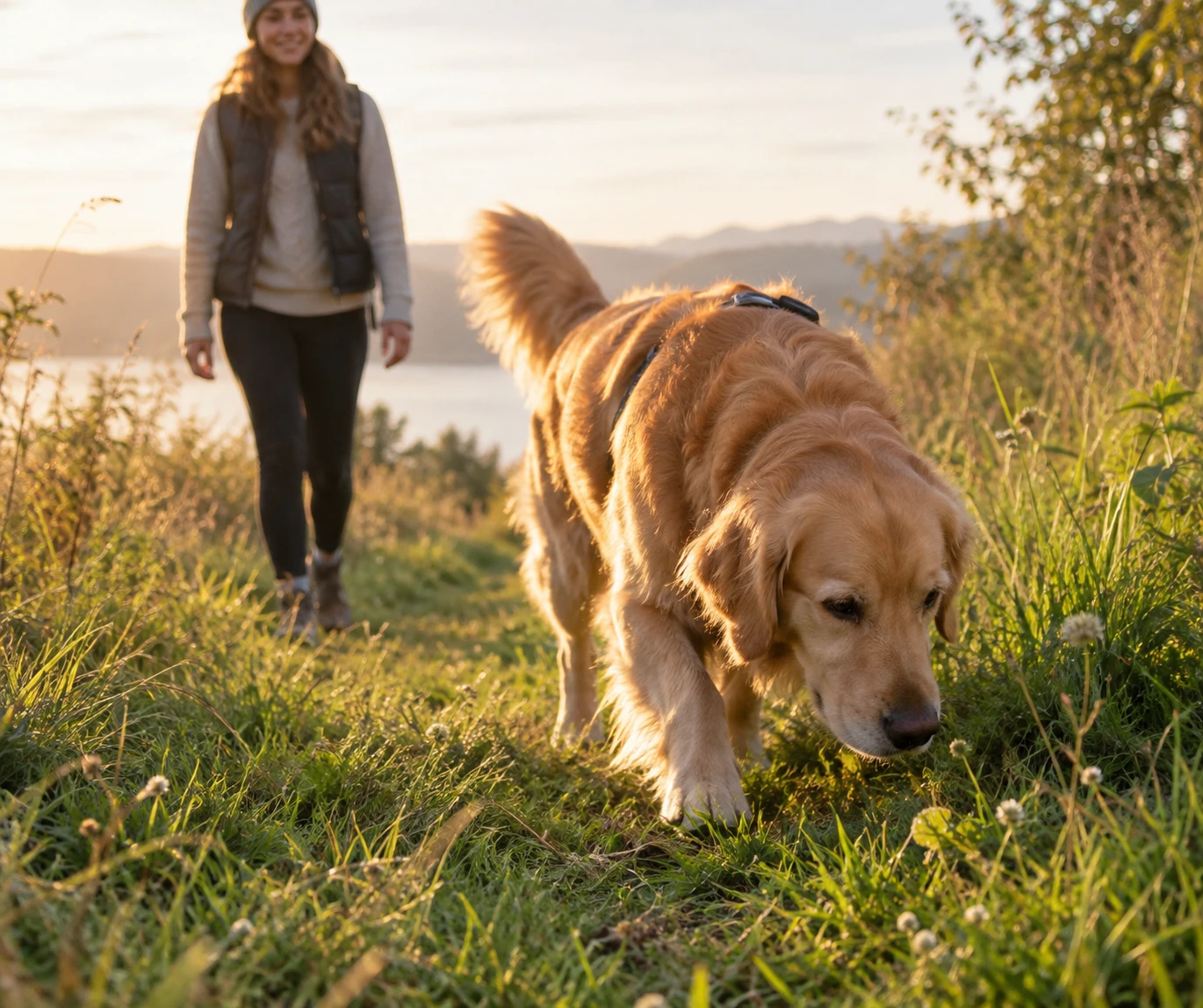 Dog calmly sniffing grass during a walk with its owner in a quiet outdoor setting
