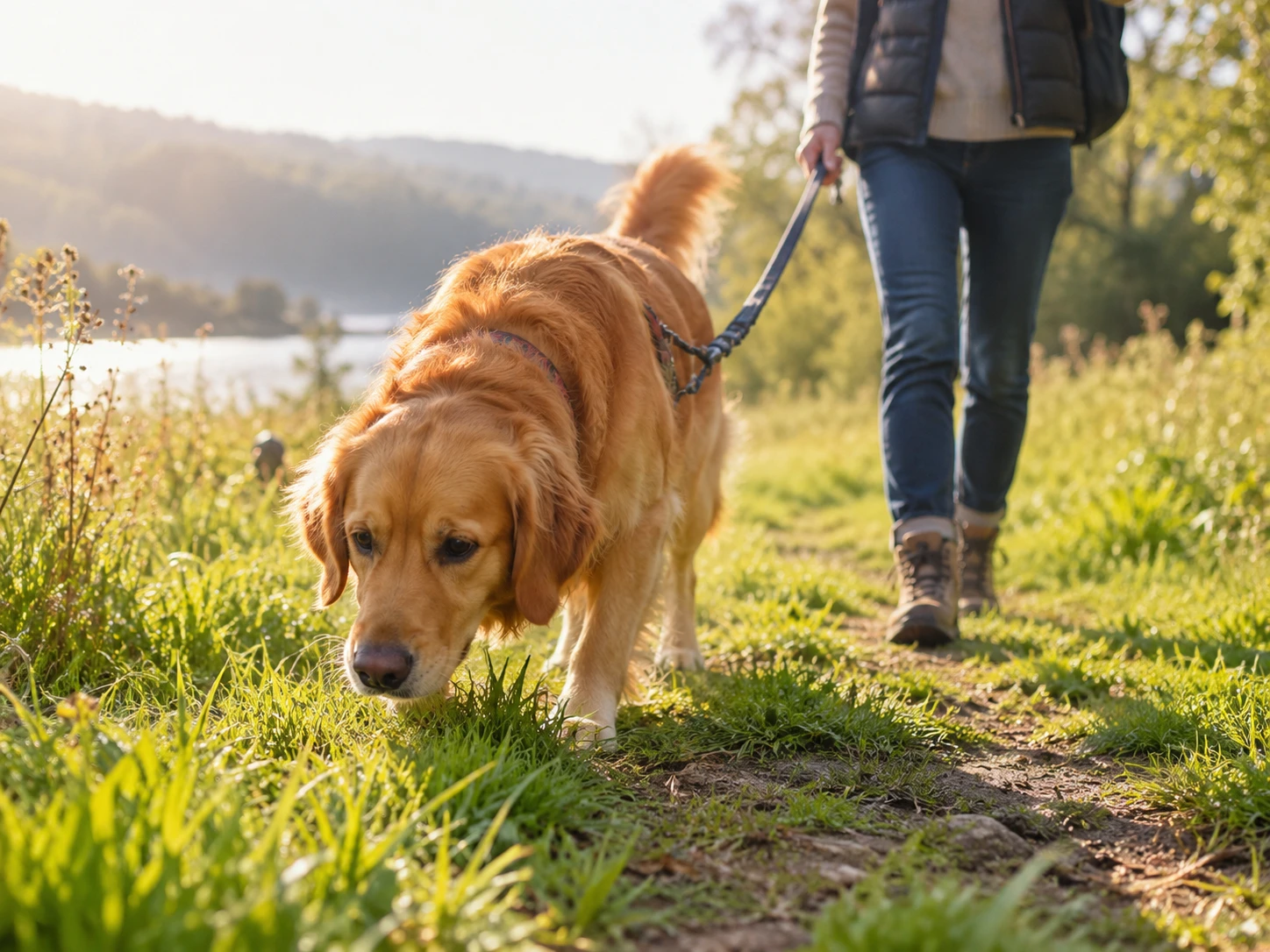 Dog sniffing plants during an outdoor walk