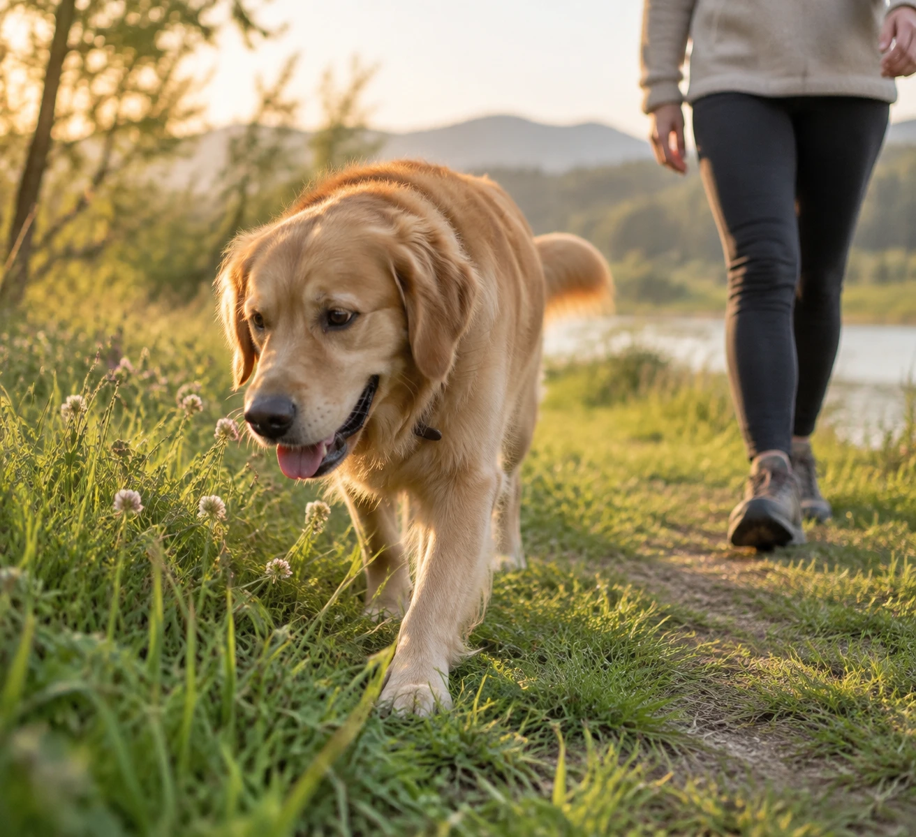 Dog and owner relaxing after an outdoor exploration session