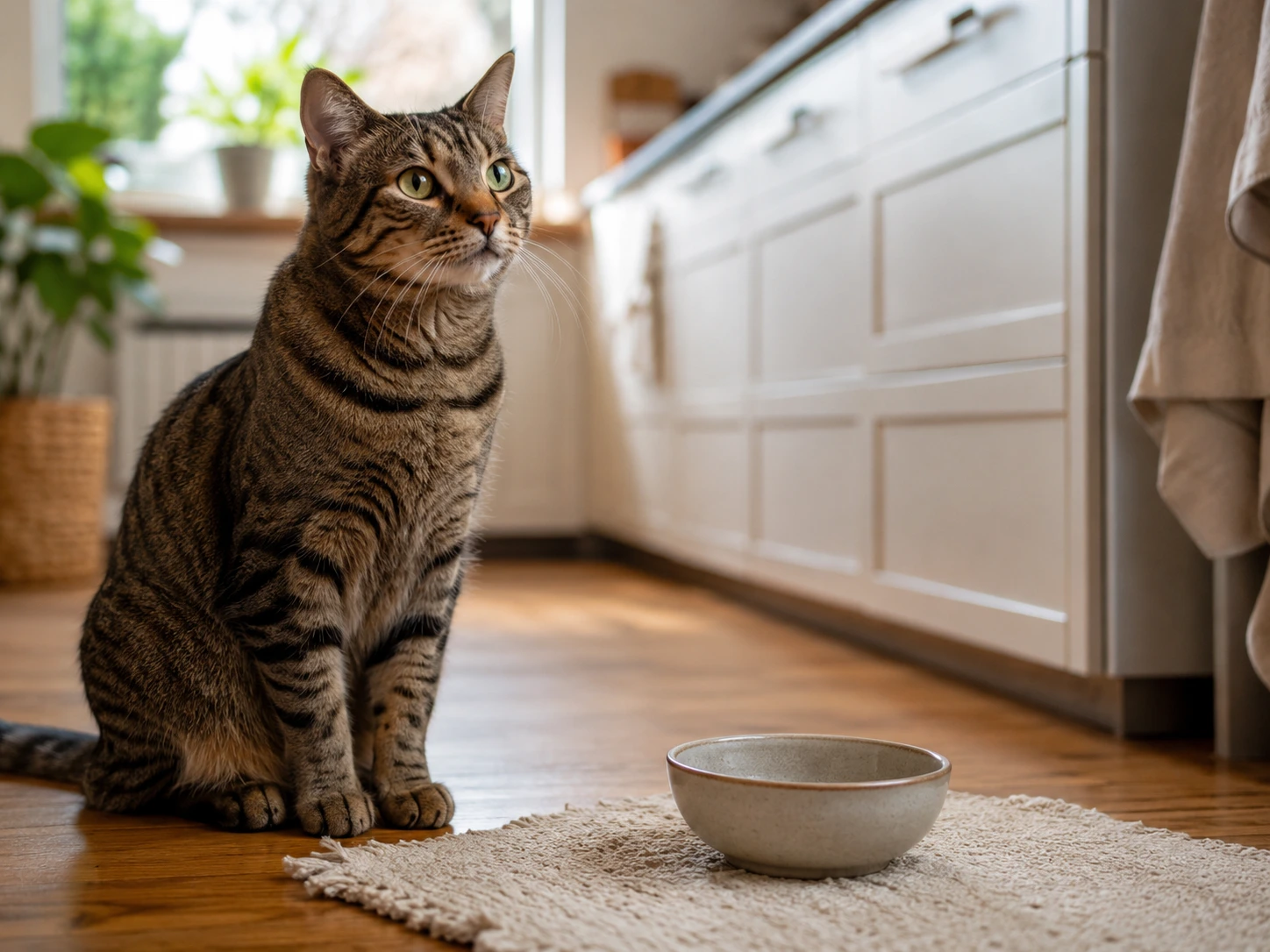 Alert tabby cat sitting beside an empty food bowl in a warm home kitchen