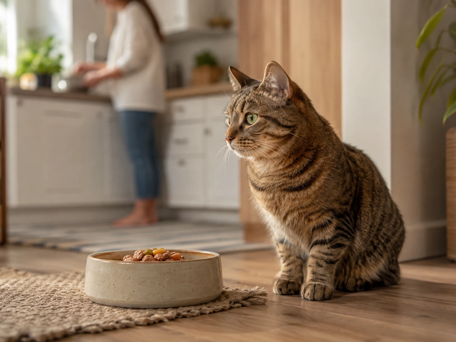 Adult cat waiting beside a measured meal at home