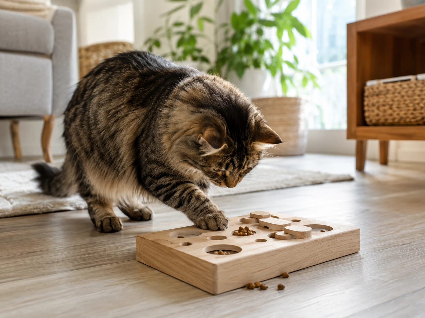 Cat engaging with a food puzzle feeder at home