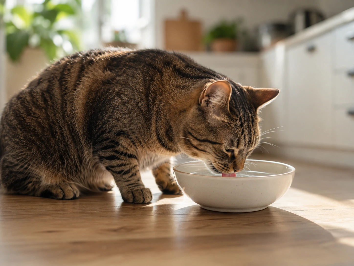 Domestic cat drinking fresh water from a ceramic bowl in a quiet home