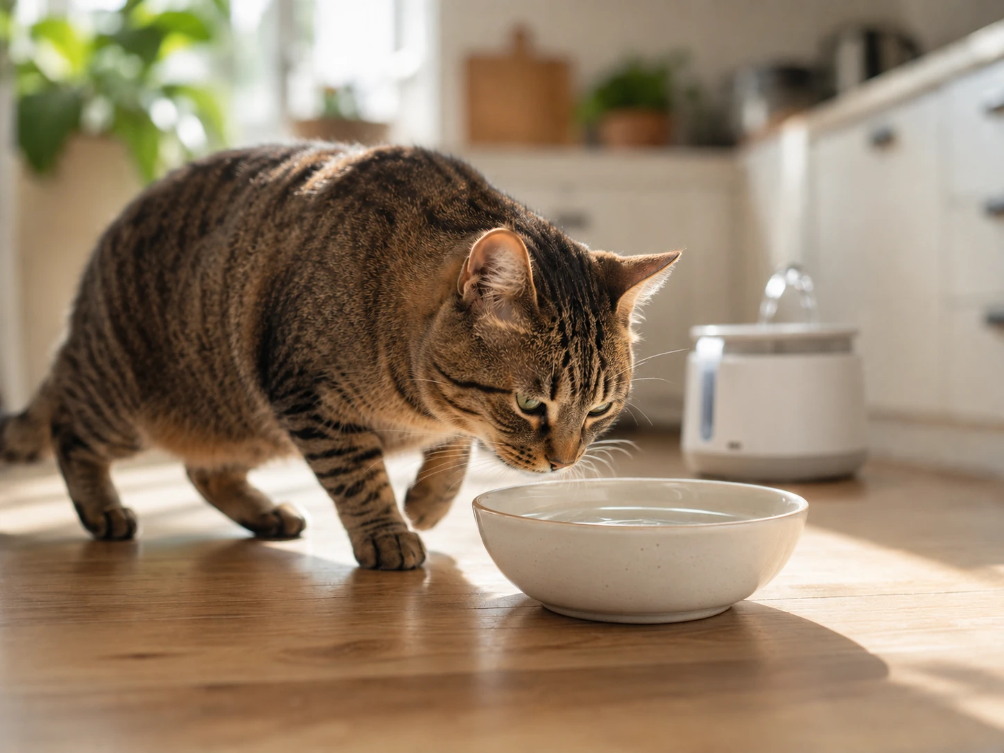 Cat standing beside a clean water bowl in a home kitchen