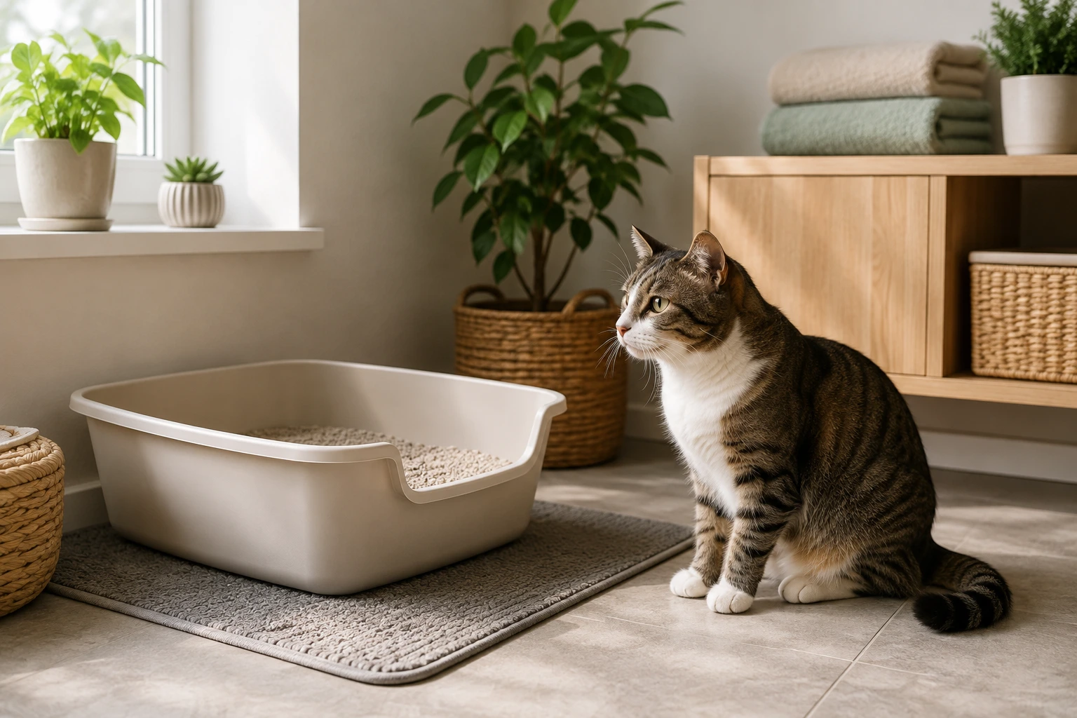 Cat near a clean litter box in a quiet home
