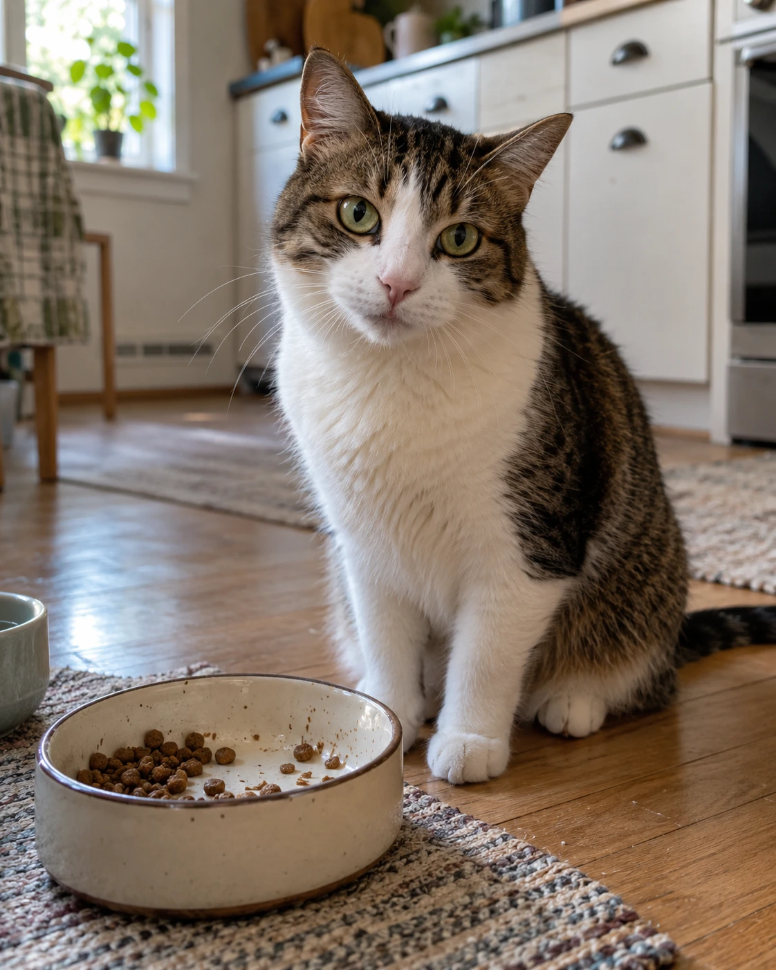 Domestic cat sitting beside a food bowl in a quiet home kitchen