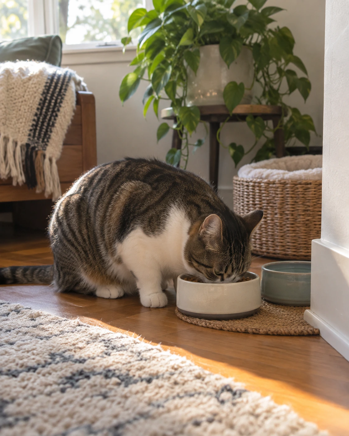 Cat eating from a bowl in a quiet corner of the home