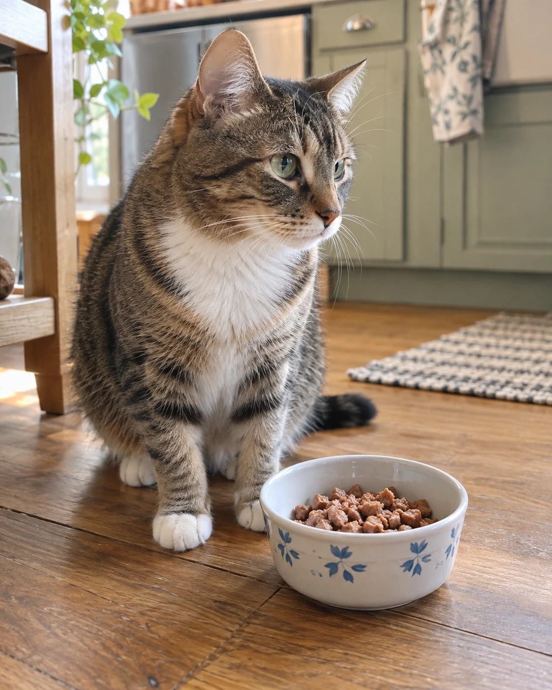 Cat beside a clean bowl of fresh regular cat food