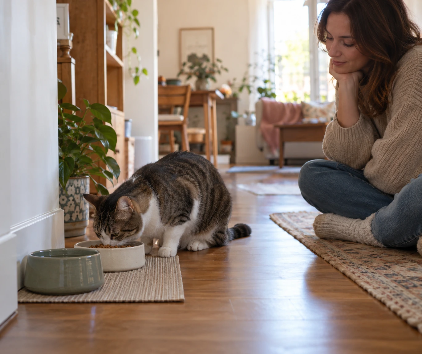 Owner observing a cat near its food and water bowls