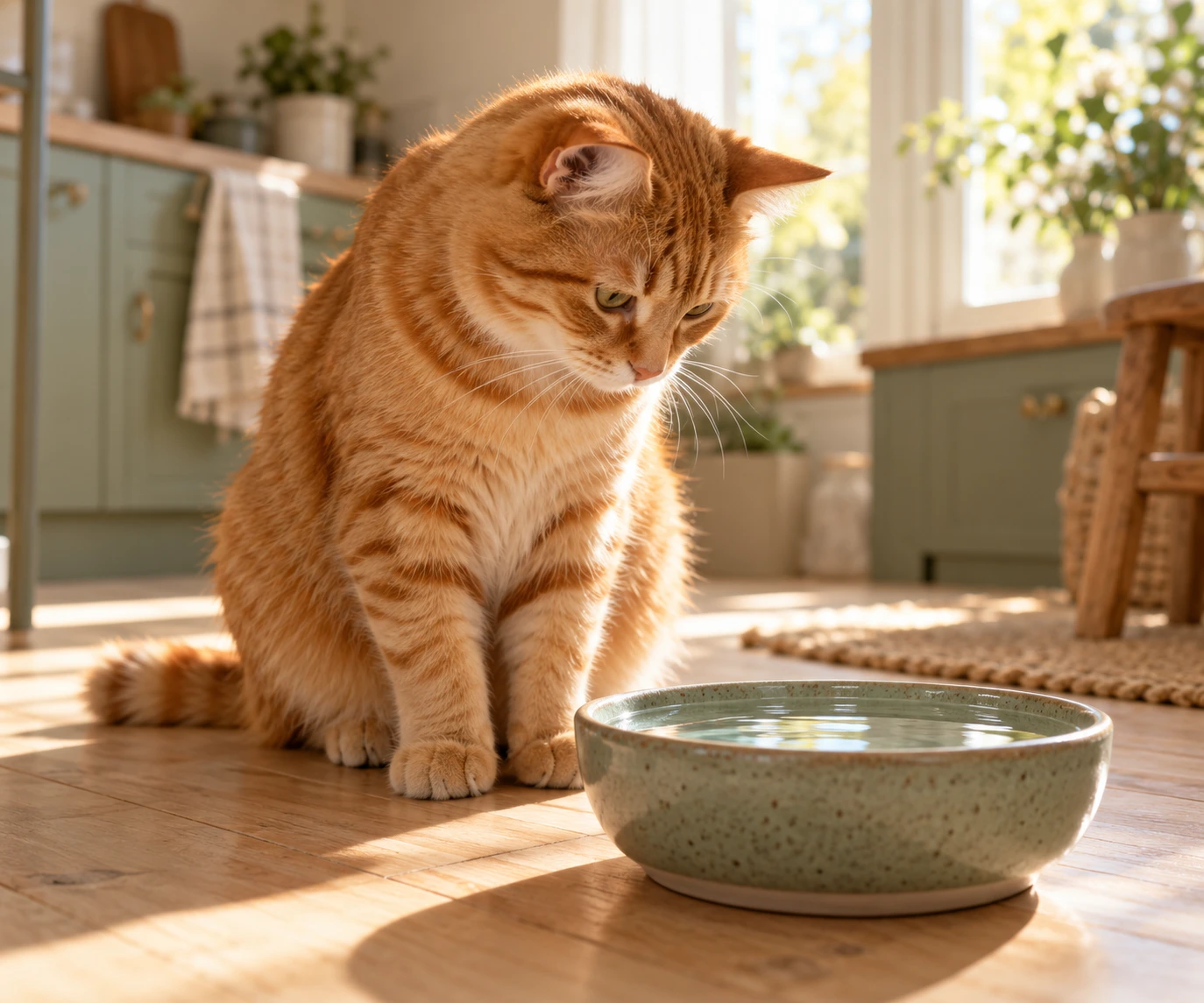 A ginger tabby cat sitting beside a fresh ceramic water bowl in a softly lit family kitchen.