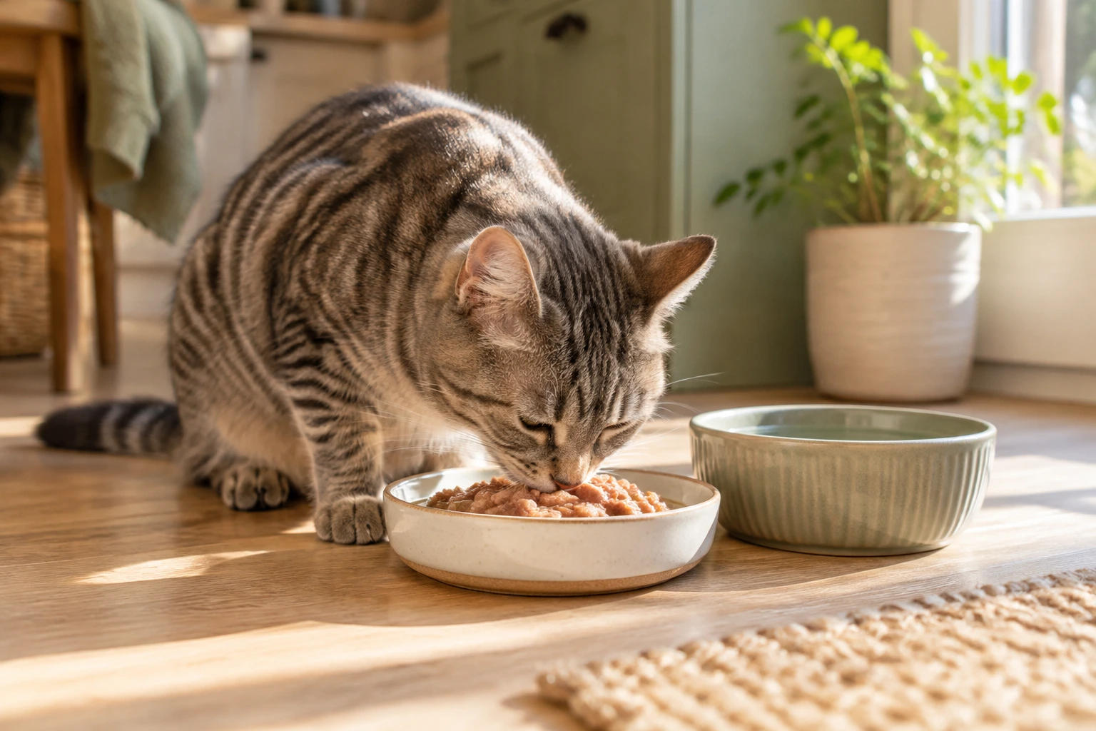 Grey tabby cat eating wet food beside a separate bowl of fresh drinking water.