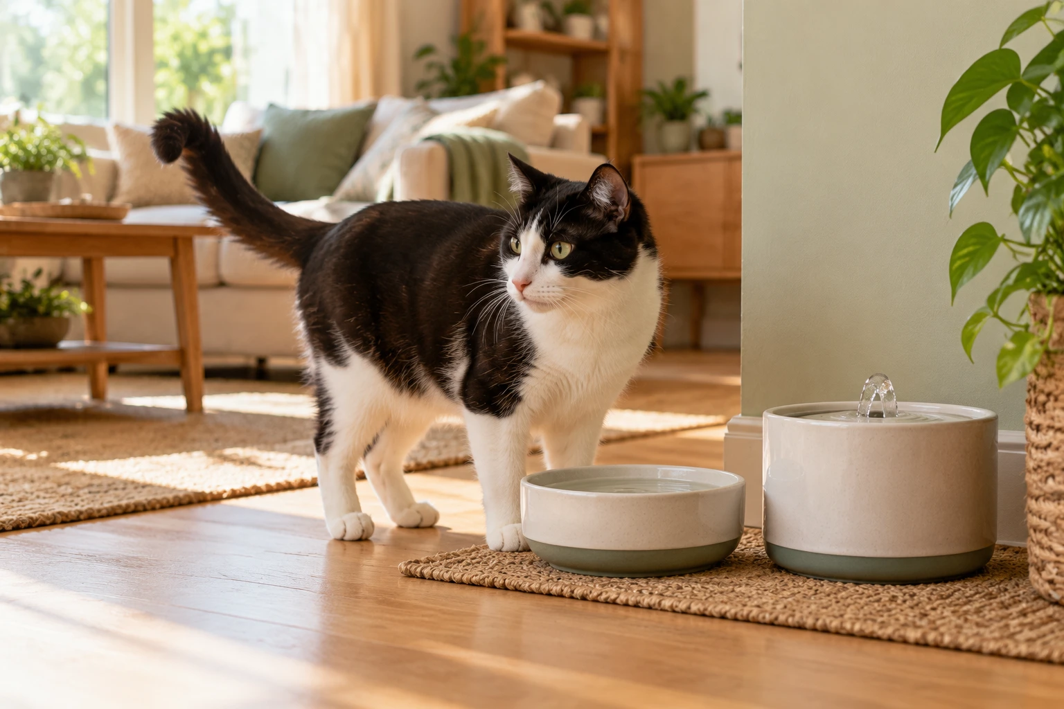 Black and white cat exploring a quiet drinking area with a ceramic bowl and pet water fountain.