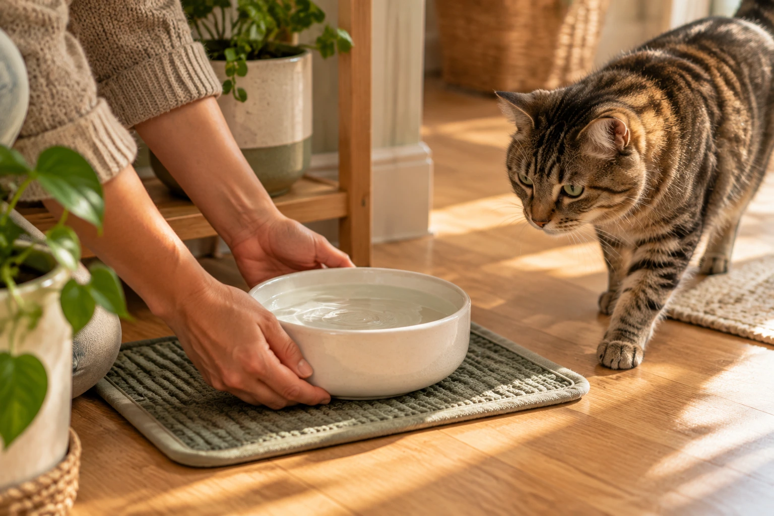 Person placing a clean ceramic water bowl in an accessible location as a tabby cat approaches.