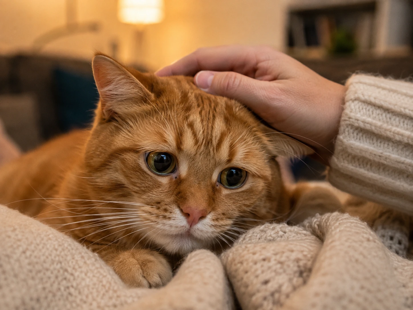 A ginger cat looking a little unwell, being gently petted by a human hand, with a concerned expression on the human's face.