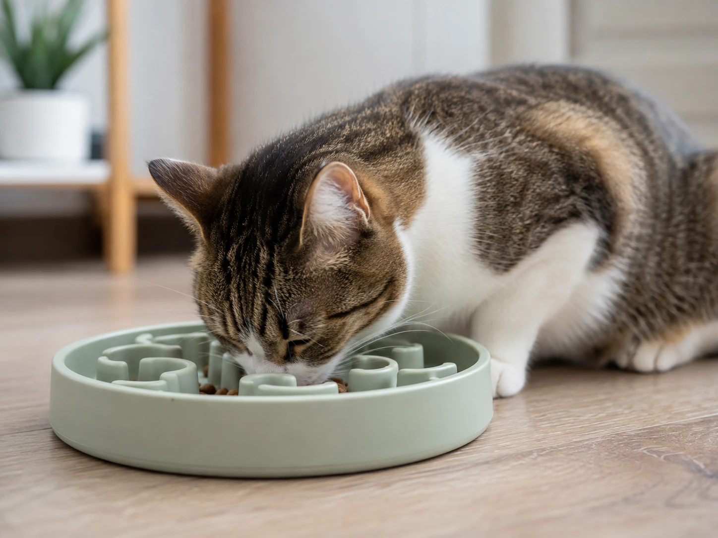 A cat eating slowly from a puzzle feeder bowl to prevent rapid eating