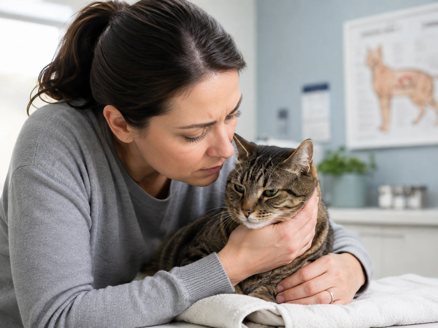 A concerned owner gently comforting their cat, looking for signs of distress