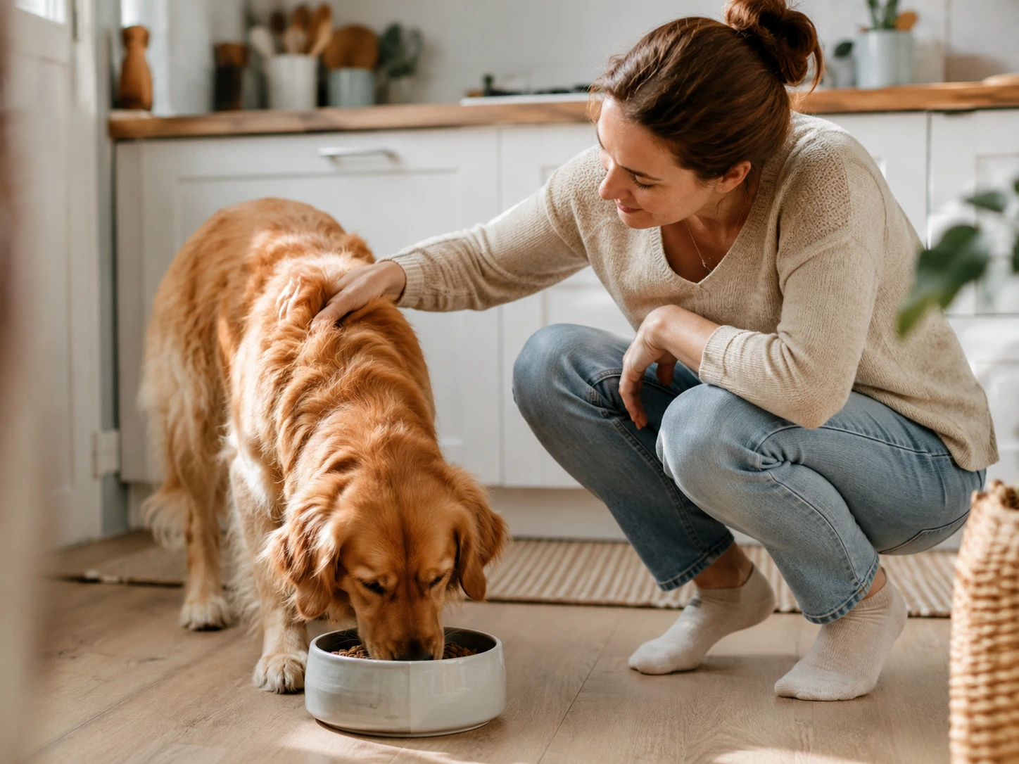 A dog sitting beside a food bowl while looking calmly at its owner in a bright home kitchen