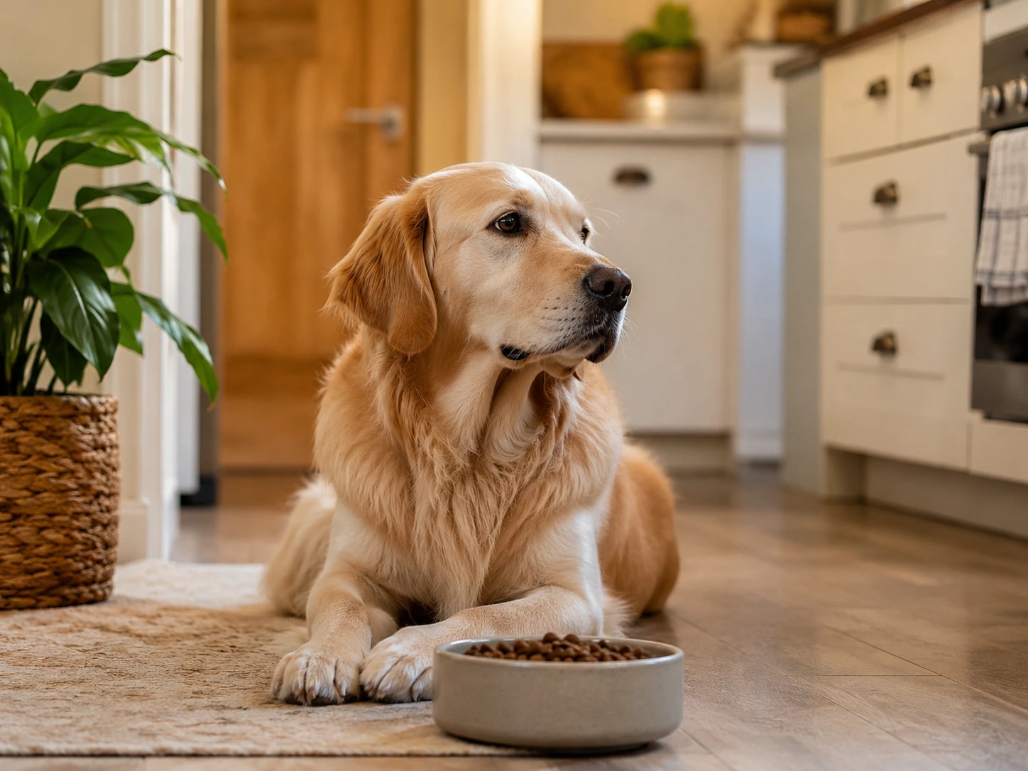 A relaxed dog near its food bowl during a calm feeding routine