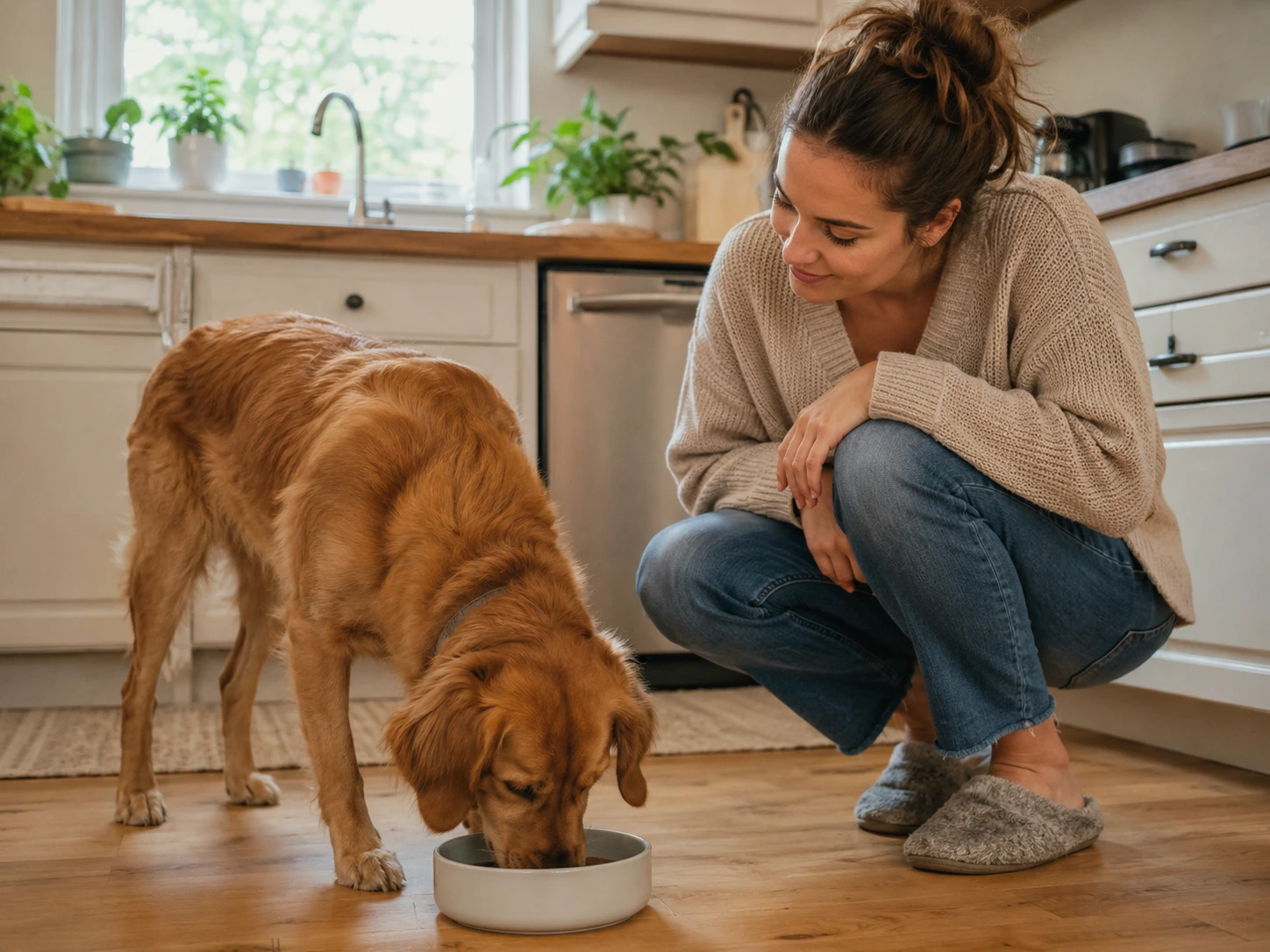 A dog owner calmly observing a dog during mealtime