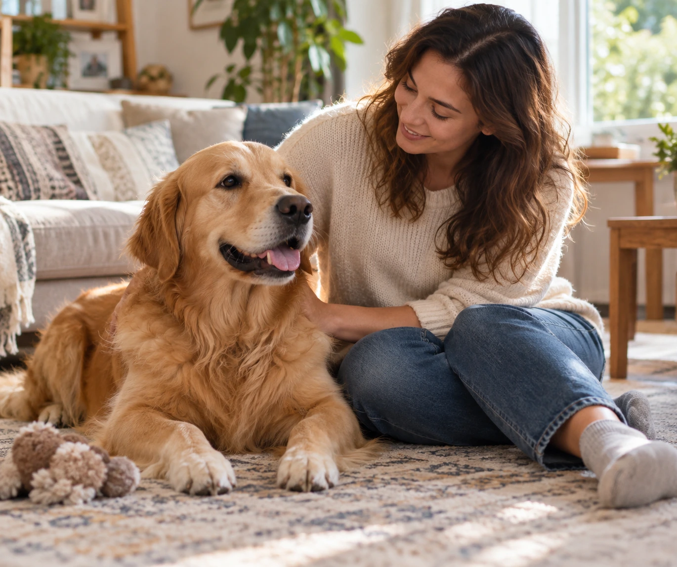 Dog sitting calmly beside an owner in a quiet home environment