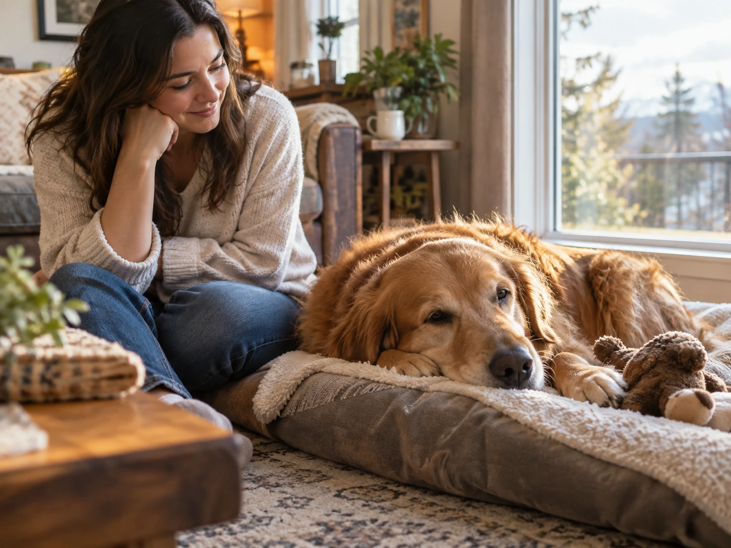 Dog resting near a window while an owner observes calmly