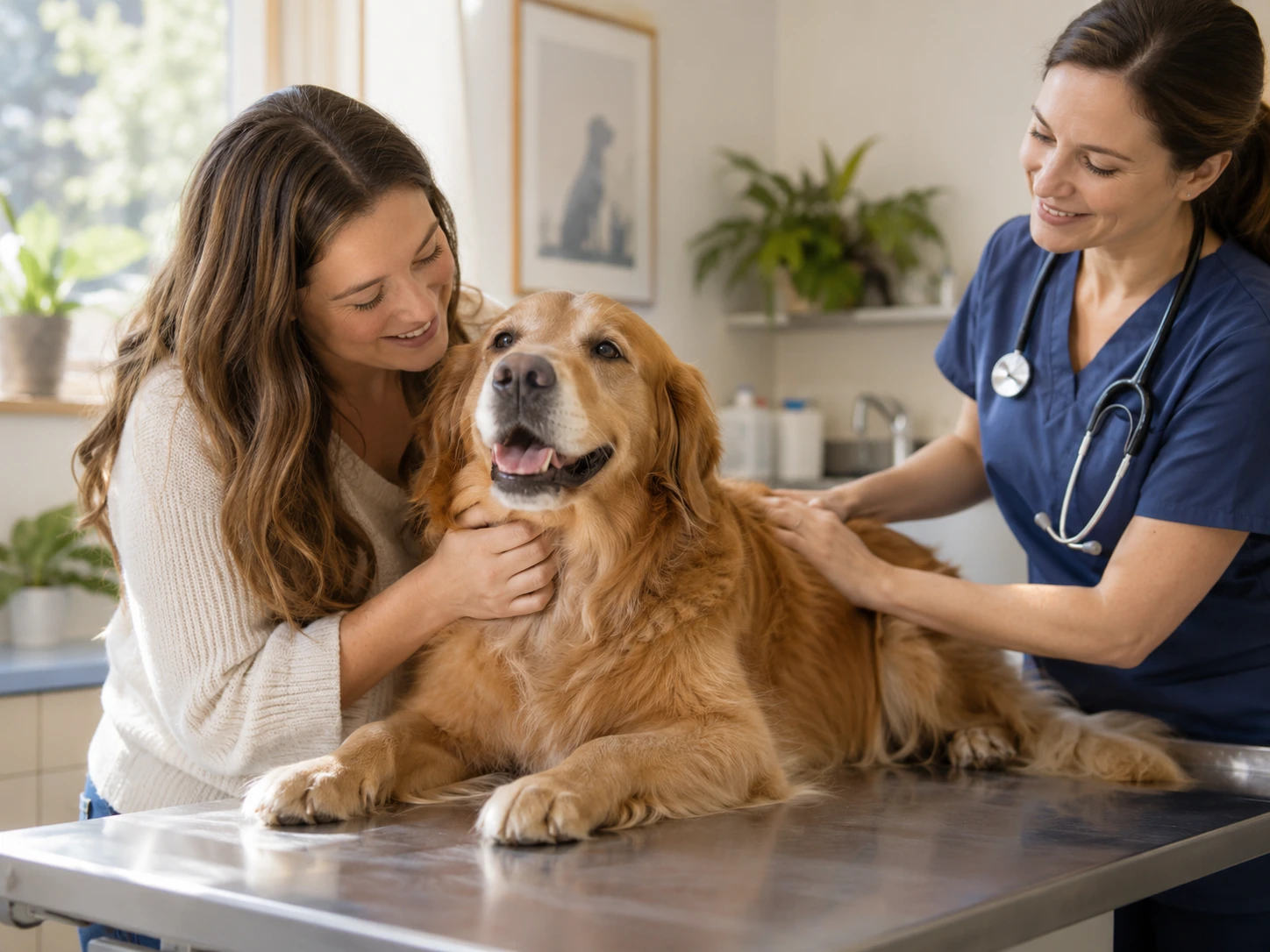 Dog and owner visiting a veterinarian in a calm clinic setting