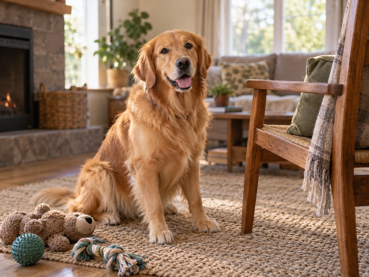 Dog resting beside a wooden chair with a chew toy nearby in a calm home setting