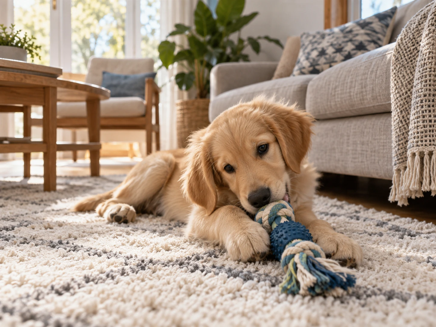 Young dog exploring a chew toy near furniture in a home