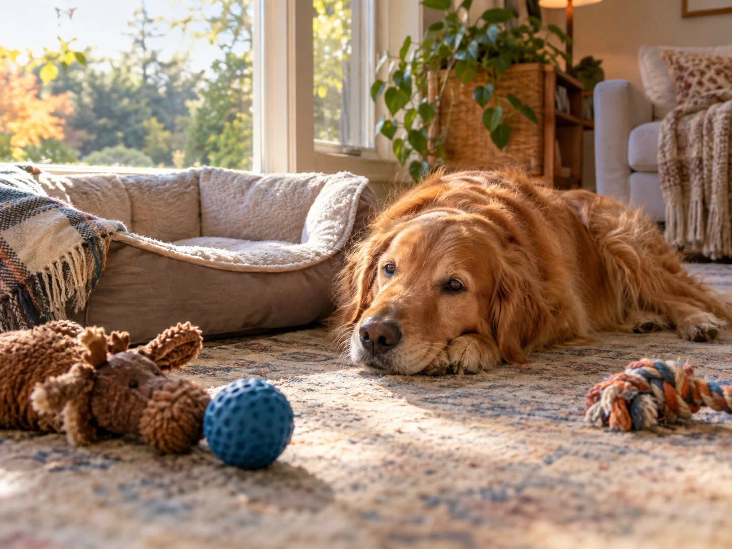 Dog relaxing alone in a comfortable home environment