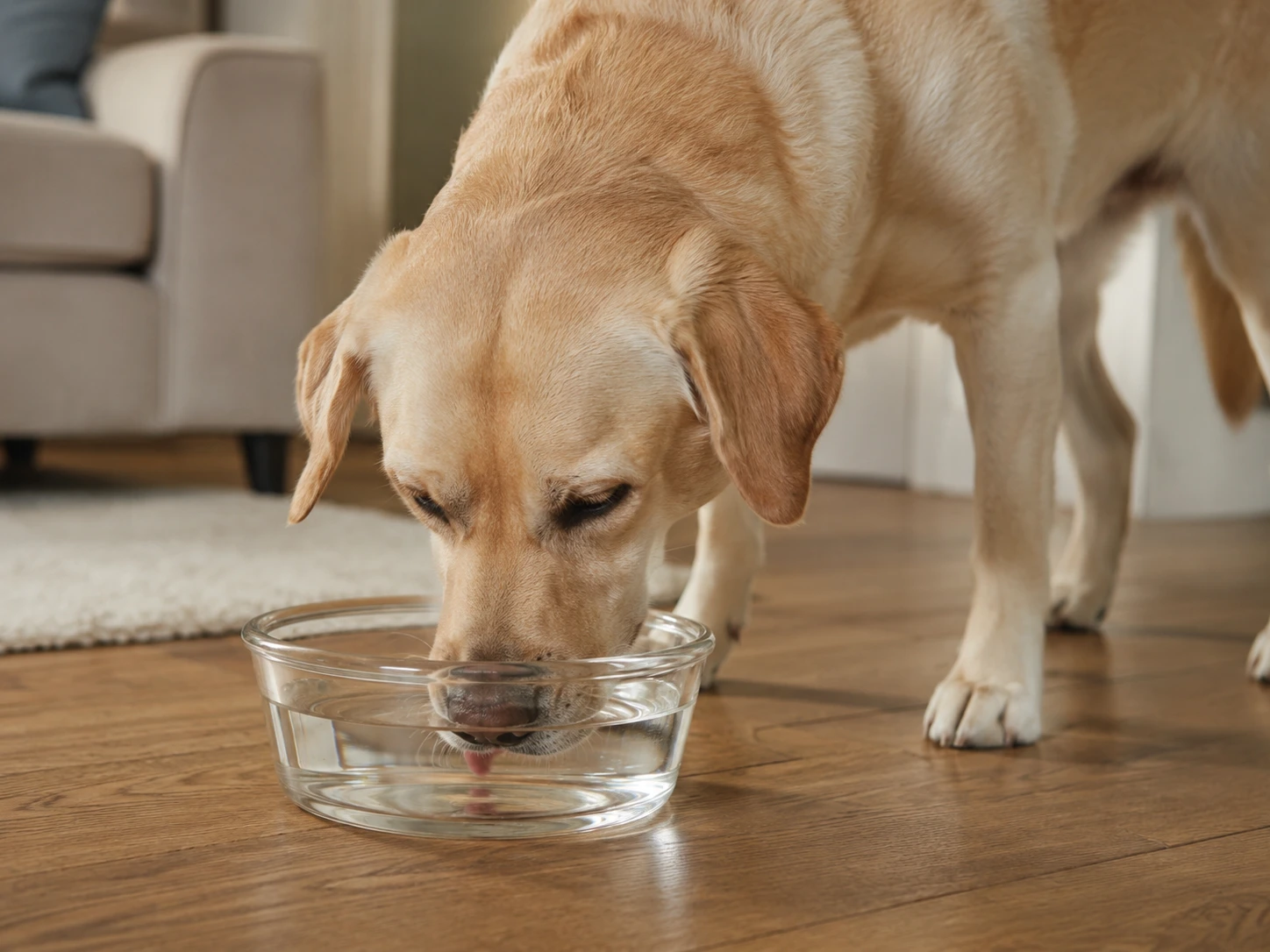 A gentle, calm dog drinking water from a clear bowl on a warm day.
